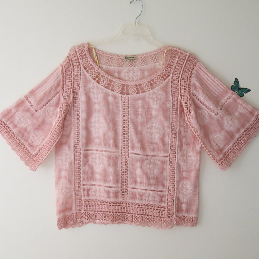 Democracy Coral Watercolor Panels Bohemian Embroidery Lace Blouse Size M